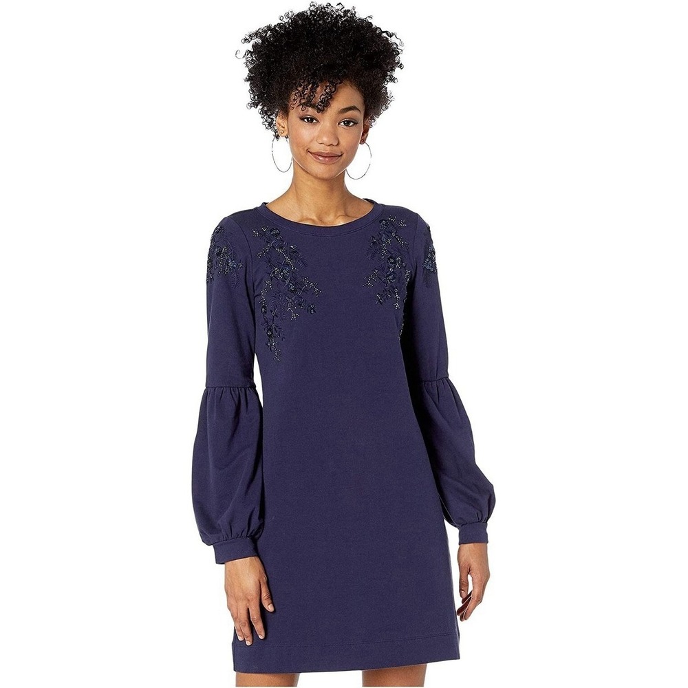 Lilly Pulitzer Bartlett Sweatshirt Dress XL Navy Beaded Floral Poet Sleeves